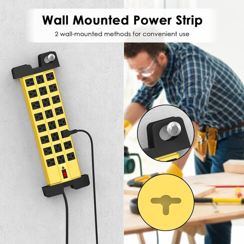 HHSOET Strice Huffice Power Strip مع حماية الطفرة ، Metal Metal Metal 24 Outlets Wall Mount for Garage Shop ، 15 أمبير ، التبديل ، سلك التمديد 6 أقدام ، أسود. in Kuwait