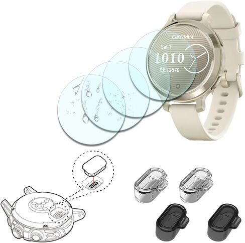 فيلم واقي متوافق مع Garmin Lily 2 حامي الشاشة الزجاجية النشطين + شحن شحن سدادات غبار المنفذ ، 9h مضاد للخلع ، (حزمة 4 + 4) ليس للليلي 2 / كلاسيكي in Kuwait