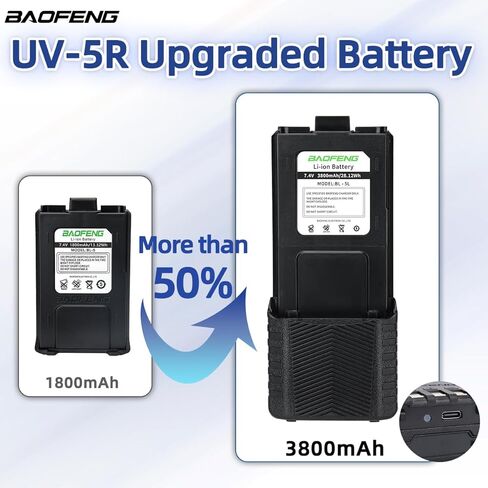 Baofeng UV-5R بطارية UV5R القابلة لإعادة الشحن الموسعة 3800mAh بطارية الشاحن عالي السعة USB-C لسلسلة BF-F8HP Series M-5R 5RX HAM RADIOS in Kuwait