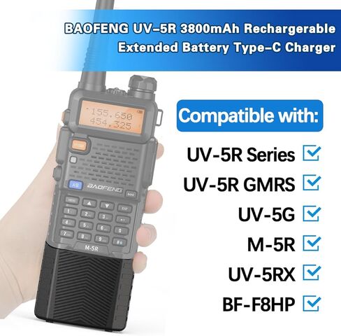 Baofeng UV-5R بطارية UV5R القابلة لإعادة الشحن الموسعة 3800mAh بطارية الشاحن عالي السعة USB-C لسلسلة BF-F8HP Series M-5R 5RX HAM RADIOS in Kuwait