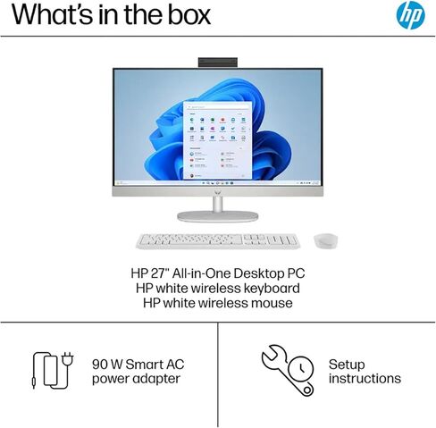 HP 27 بوصة للكمبيوتر المكتبي All-In-واحد ، FHD Touchscreen ، Intel Core Ultra 7 155U ، Intel Graphics ، Windows 11 Pro ، Shell White ، Wireless KB & Mouse (32GB DDR5 ، 1TB SSD) in Saudi Arabia