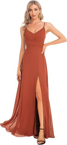 Ever-Pretty Women's Summer Spaghetti Strap V Neck Chiffon Formal Wedding Bridesmaid Split Maxi Dress 0128B in Saudi Arabia