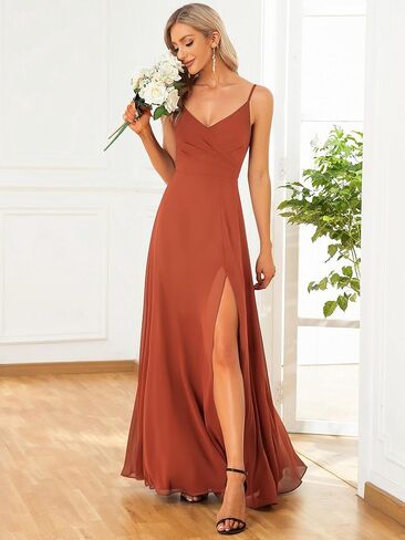 Ever-Pretty Women's Summer Spaghetti Strap V Neck Chiffon Formal Wedding Bridesmaid Split Maxi Dress 0128B in Saudi Arabia