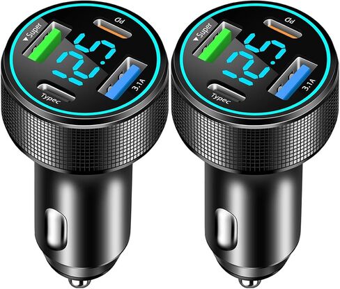 2 حزم من 66W USB C Char Charger 4 Port Car Charger Adapter مع 30W PD ، 3.1A سجلة الألومنيوم سجلة شاحن USB وزارة USB مع LED Voltmeter متوافق مع الهاتف 15 14 13 in Kuwait