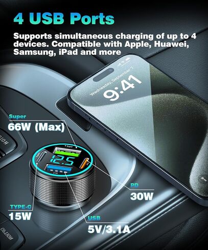 2 حزم من 66W USB C Char Charger 4 Port Car Charger Adapter مع 30W PD ، 3.1A سجلة الألومنيوم سجلة شاحن USB وزارة USB مع LED Voltmeter متوافق مع الهاتف 15 14 13 in Kuwait