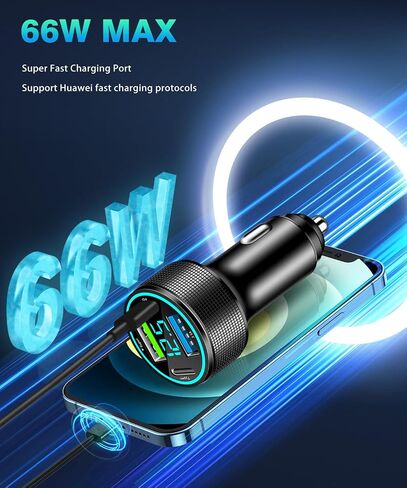 2 حزم من 66W USB C Char Charger 4 Port Car Charger Adapter مع 30W PD ، 3.1A سجلة الألومنيوم سجلة شاحن USB وزارة USB مع LED Voltmeter متوافق مع الهاتف 15 14 13 in Kuwait