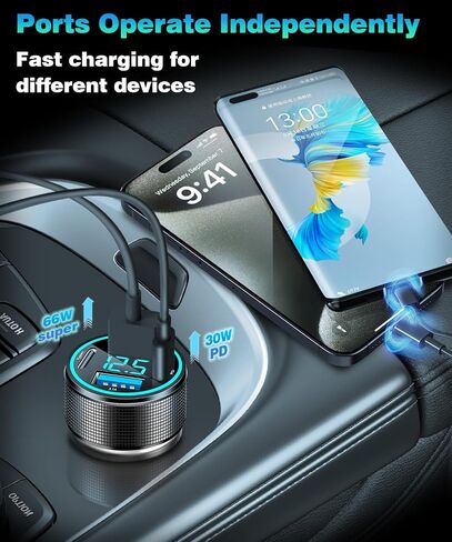 2 حزم من 66W USB C Char Charger 4 Port Car Charger Adapter مع 30W PD ، 3.1A سجلة الألومنيوم سجلة شاحن USB وزارة USB مع LED Voltmeter متوافق مع الهاتف 15 14 13 in Kuwait