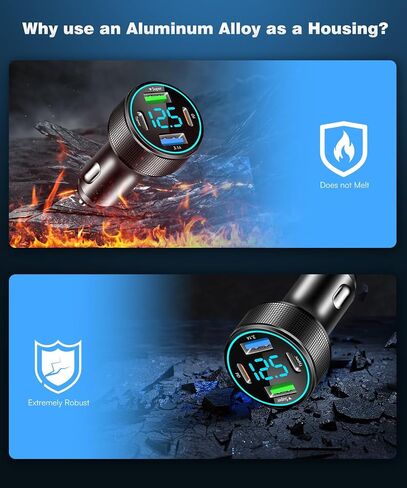 2 حزم من 66W USB C Char Charger 4 Port Car Charger Adapter مع 30W PD ، 3.1A سجلة الألومنيوم سجلة شاحن USB وزارة USB مع LED Voltmeter متوافق مع الهاتف 15 14 13 in Kuwait