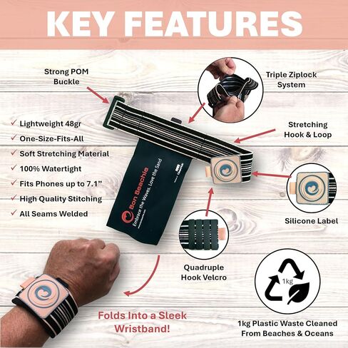Waterproof Wristband Phone Pouch - Protective Watertight Phone Case, Small Dry Bag for All Phones with Screens up to 7.1", One-Size-Fits-All, Stretchy Polyester/Spandex, Wristband, Black in Saudi Arabia
