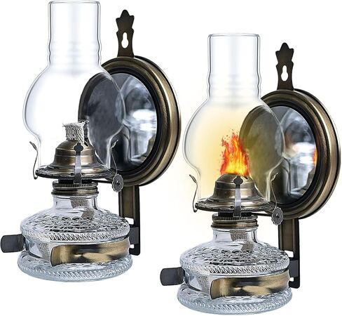 Large Kerosene Lamp Lantern Chamber Oil Lamp Wall Mounted Kerosene Lamp with Mirror Vintage Glass Clear Kerosene Lamp Rustic Oil Lamp with 7/8" Oil Wick for Indoor Use Home Decor Lighting in Kuwait