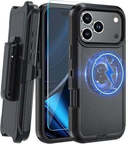 مغناطيسي لحالة iPhone 17 Pro ، مع مقطع حزام ، [متوافق مع Magsafe] مع واقي شاشة زجاجي مقسى ، مضاد للاندفاع ، حماية صدمية ، ثقيلة (أسود) in Kuwait