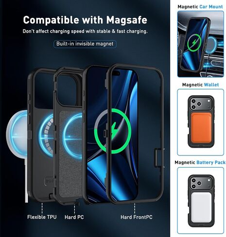 مغناطيسي لحالة iPhone 17 Pro ، مع مقطع حزام ، [متوافق مع Magsafe] مع واقي شاشة زجاجي مقسى ، مضاد للاندفاع ، حماية صدمية ، ثقيلة (أسود) in Kuwait