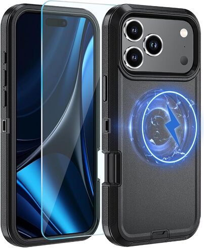مغناطيسي لحالة iPhone 17 Pro ، مع مقطع حزام ، [متوافق مع Magsafe] مع واقي شاشة زجاجي مقسى ، مضاد للاندفاع ، حماية صدمية ، ثقيلة (أسود) in Kuwait