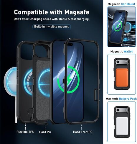 مغناطيسي لحالة هواء iPhone 17 ، مع مقطع الحزام ، [متوافق مع Magsafe] مع واقي شاشة زجاجي مقسى ، مضاد للانحدار ، حماية صدمة ، شديدة التحمل (أسود) in Kuwait