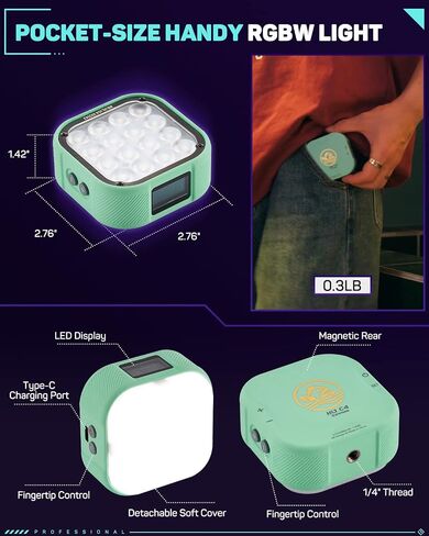 IFOOTAGE On Camera Video Light, Portable RGBW Smart Camera Light, Smart APP Control/18 Lighting Effects/Rechargeble/Magnetic Attraction, Photography Camera Light for Youtube/TikTok/Vlog, C4 Mint Green in Saudi Arabia