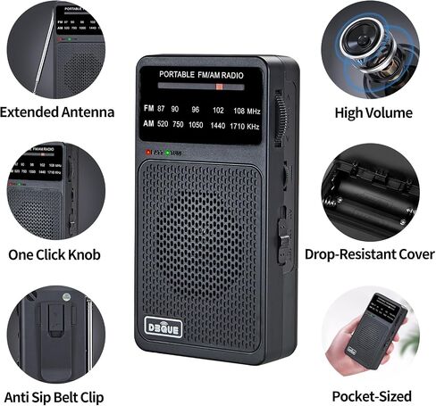 Portable FM AM Radio, Battery Operated Radio with Tuning Light, Back Clip, Excellent Reception, AM FM Radios Portable, Transistor Radios (Black) in Saudi Arabia