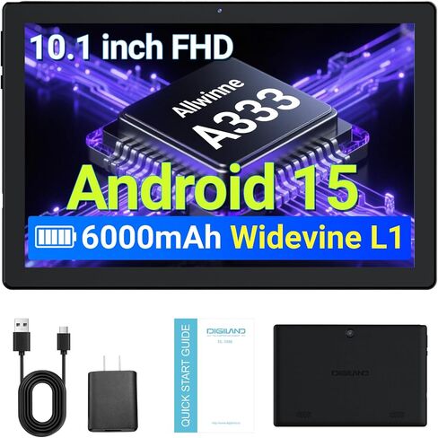 DigiLand Android 15 Tablet,10.1" Android Tablets with Octa-core Processor 6GB RAM+32GB ROM(Support Expand TF) 2MP Front/5MP Back Camera,6000 mAh Battery,2025 Android WiFi Tablet-Black in Kuwait
