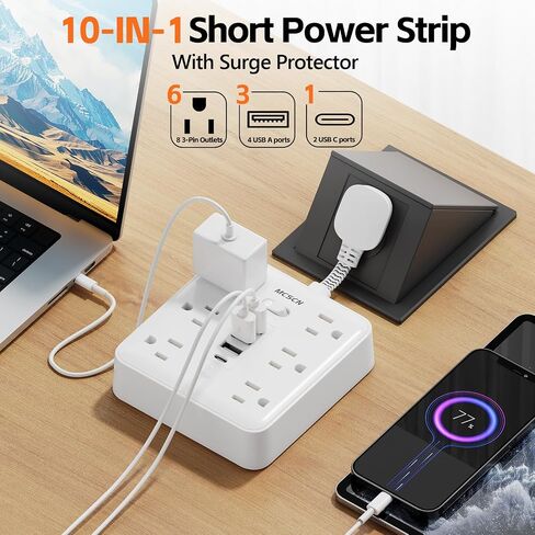 محمولة سليم سليم مسطحة الحمولة الزائدة من الحمل الزائد الجدار الشريط الجدار مع 6 منافذ طاقة AC 4 USB (1C) للمكتب المنزلي سفر سفر أساسيات النار والوصول 100-125V 15A 1875W UL in Kuwait