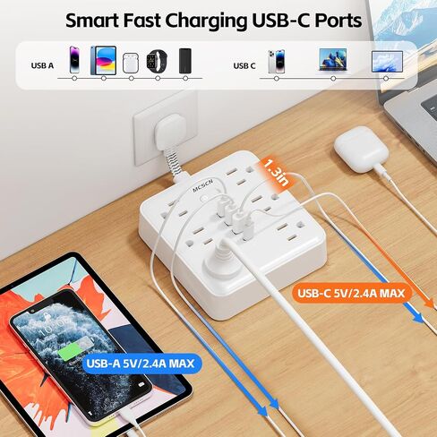 محمولة سليم سليم مسطحة الحمولة الزائدة من الحمل الزائد الجدار الشريط الجدار مع 6 منافذ طاقة AC 4 USB (1C) للمكتب المنزلي سفر سفر أساسيات النار والوصول 100-125V 15A 1875W UL in Kuwait
