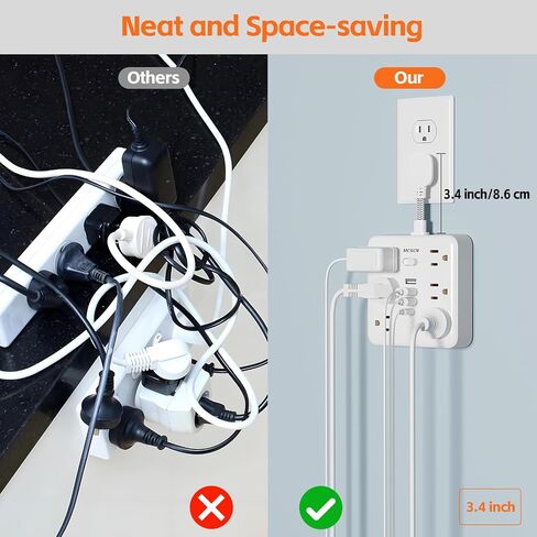 محمولة سليم سليم مسطحة الحمولة الزائدة من الحمل الزائد الجدار الشريط الجدار مع 6 منافذ طاقة AC 4 USB (1C) للمكتب المنزلي سفر سفر أساسيات النار والوصول 100-125V 15A 1875W UL in Kuwait