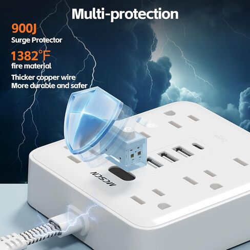 محمولة سليم سليم مسطحة الحمولة الزائدة من الحمل الزائد الجدار الشريط الجدار مع 6 منافذ طاقة AC 4 USB (1C) للمكتب المنزلي سفر سفر أساسيات النار والوصول 100-125V 15A 1875W UL in Kuwait