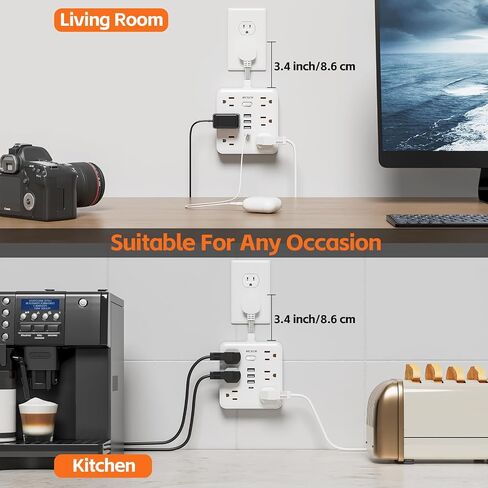 محمولة سليم سليم مسطحة الحمولة الزائدة من الحمل الزائد الجدار الشريط الجدار مع 6 منافذ طاقة AC 4 USB (1C) للمكتب المنزلي سفر سفر أساسيات النار والوصول 100-125V 15A 1875W UL in Kuwait