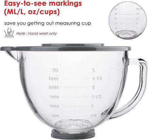 Glass Mixing Bowl Accessory 5 Quart - Compatible with KitchenAid 4.5 and 5 Quart Tilt-Head Stand Mixers (With Lid & Lock Ring) in Kuwait