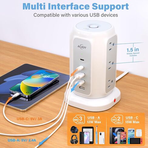 Flat Plug Power Strip Tower with 2 USB-C and 3 USB-A Ports, AiJoy 6.5 FT Ultra Thin Extension Cord with Multiple Outlets, 1200J Surge Protector with 9 AC Port, Office Supplies, Dorm Essentials in Kuwait