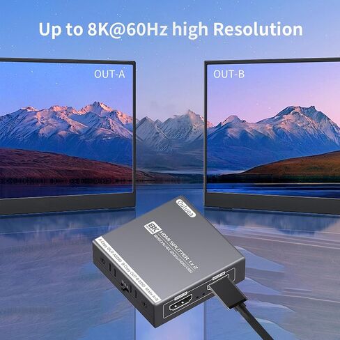 HDMI 2.1 Splitter 1 in 2 Out ، 4K@120Hz 8K@60Hz ، HDCP BYPASS 2.3 ، EDID Management ، DownScaler ، VRR Allm ، 7.1CH Audio ، Powered HDMI Flitter for PS5/Xbox/Projector/Monitor in Kuwait