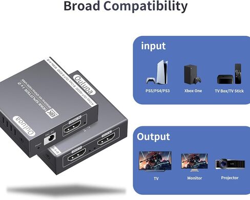 HDMI 2.1 Splitter 1 in 2 Out ، 4K@120Hz 8K@60Hz ، HDCP BYPASS 2.3 ، EDID Management ، DownScaler ، VRR Allm ، 7.1CH Audio ، Powered HDMI Flitter for PS5/Xbox/Projector/Monitor in Kuwait