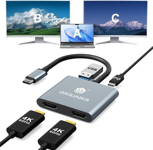 USB C to Dual HDMI Adapter 4K@60Hz, 4-in-1 HDMI Splitter for Dual Monitors, 100W PD Charging, USB A Port, Docking Station for MacBook/LenovoYoga/Thinkpad, XPS and More (macOS only Support SST Mode) in Kuwait