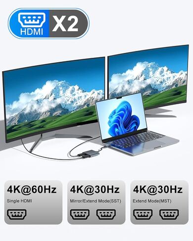 USB C to Dual HDMI Adapter 4K@60Hz, 4-in-1 HDMI Splitter for Dual Monitors, 100W PD Charging, USB A Port, Docking Station for MacBook/LenovoYoga/Thinkpad, XPS and More (macOS only Support SST Mode) in Kuwait