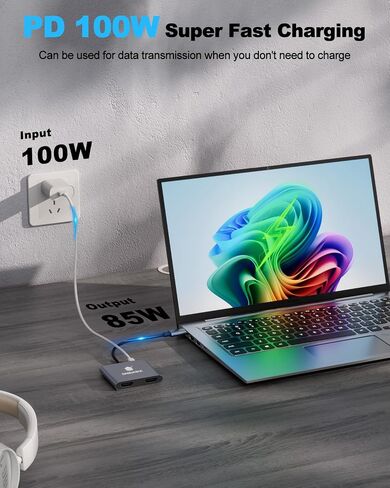 USB C to Dual HDMI Adapter 4K@60Hz, 4-in-1 HDMI Splitter for Dual Monitors, 100W PD Charging, USB A Port, Docking Station for MacBook/LenovoYoga/Thinkpad, XPS and More (macOS only Support SST Mode) in Kuwait