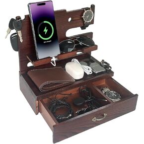 Wooden Docking Station with Storage Drawer, Dual Phone Stand, Watch Charger & Key Organizer for Desk or Nightstand, Gift for Husband, Dad, or Boyfriend in Kuwait