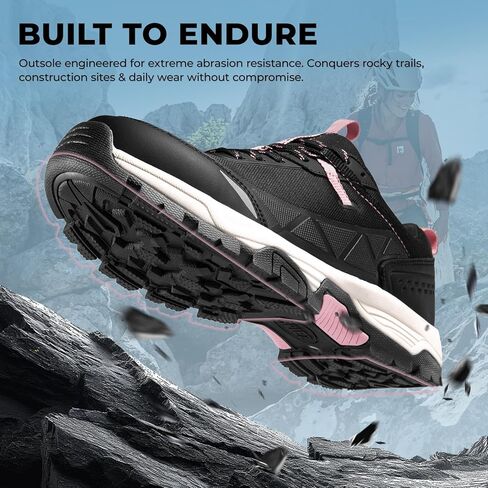 أحذية عمل SPIEZ ذات مقدمة مركبة - حذاء أمان خفيف الوزن للنساء، أحذية أمان مضادة للثقب ومضادة للتحطيم، أحذية مريحة للمشي لمسافات طويلة للسيدات باللون الأسود والوردي مقاس 5.5-10 in Kuwait