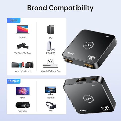 HDMI Switch 4K@60Hz ، ثنائية الاتجاه HDMI Switcher 2 في 1 OUT ، لا توجد طاقة خارجية متوافقة مع PS5 ، PS4 ، Xbox Series X/S ، Roku ، Fire Stick in Kuwait