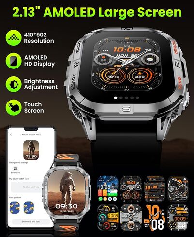 Military Smart Watch for Men Built-in GPS with LED Flashlight Compass, 2.13" AMOLED Tactical Smart Watches with Answer/Make Calls, 3ATM Waterproof Fitness Tracker for iPhone Android (Black) in Saudi Arabia