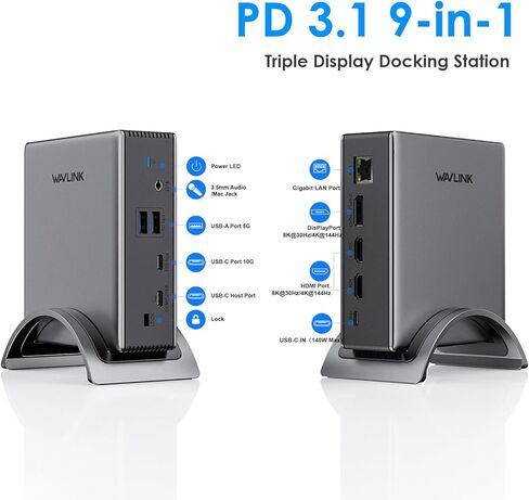 محطة إرساء الكمبيوتر المحمول ، Wavlink PD3.1 محطة الإرساء 3 مراقبين مع 8K@30Hz/4K@144Hz ، 2*HDMI + DP ، 140W PD Charge ، USB-C 10GB ، USB-A 5GB ، GIGABIT ETHERNET ، AUDIO/MIC FOR HP ، DELL ، Windows System Computer ، in Saudi Arabia