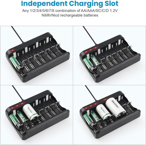 شاحن بطارية SOSHINE AA AAA ، شاحن بطارية 8 BAY C D لبطاريات AAA/AA/SC/C/D NI-MH NI-CD (شحن USB سريع ، فتحة مستقلة) (C02) in Kuwait