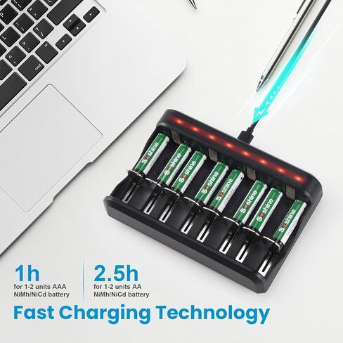 شاحن بطارية SOSHINE AA AAA ، شاحن بطارية 8 BAY C D لبطاريات AAA/AA/SC/C/D NI-MH NI-CD (شحن USB سريع ، فتحة مستقلة) (C02) in Kuwait