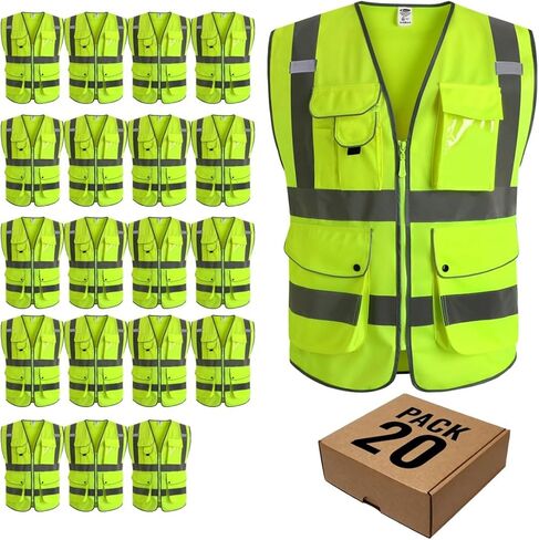 JKSafety 9 Pockets Class 2 High Visibility Zipper Front Safety Vest With Reflective Strips,Meets ANSI/ISEA Standard (Large, 150-Yellow) in Kuwait