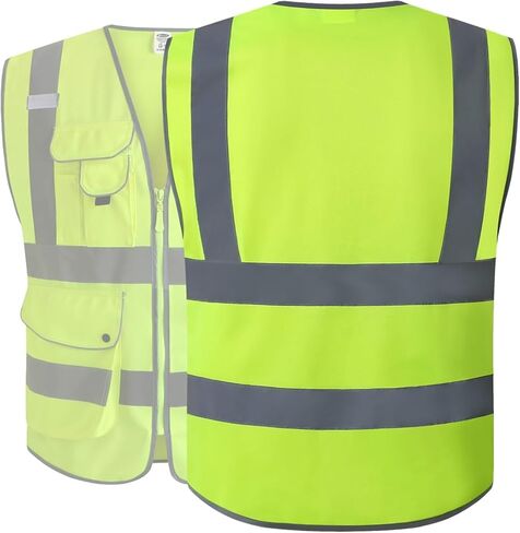 JKSafety 9 Pockets Class 2 High Visibility Zipper Front Safety Vest With Reflective Strips,Meets ANSI/ISEA Standard (Large, 150-Yellow) in Kuwait