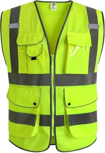 JKSafety 9 Pockets Class 2 High Visibility Zipper Front Safety Vest With Reflective Strips,Meets ANSI/ISEA Standard (Large, 150-Yellow) in Kuwait
