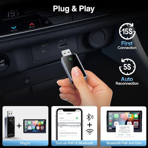 محول CarPlay اللاسلكي لـ Apple - 2025 Slim Edition ، Clop & Play Connection يحول المصنع سلكية إلى محول Carplay اللاسلكي لـ iPhone carplay Dongle for iOS 10+ (Black) in Kuwait