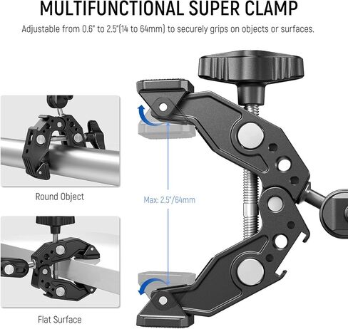 NEEWER Super Clamp مع ذراع سحري برأس كروي مزدوج 3 بوصات، حذاء بارد، خيوط 1/4 بوصة 3/8 بوصة، محول تركيب كاميرا الهاتف/الحركة للمكتب حامل ثلاثي القوائم أنبوب العارضة قضبان Gimbal متوافقة مع SmallRig GoPro DJI، ST83 in Kuwait