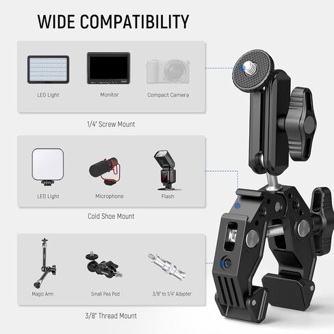 NEEWER Super Clamp مع ذراع سحري برأس كروي مزدوج 3 بوصات، حذاء بارد، خيوط 1/4 بوصة 3/8 بوصة، محول تركيب كاميرا الهاتف/الحركة للمكتب حامل ثلاثي القوائم أنبوب العارضة قضبان Gimbal متوافقة مع SmallRig GoPro DJI، ST83 in Kuwait