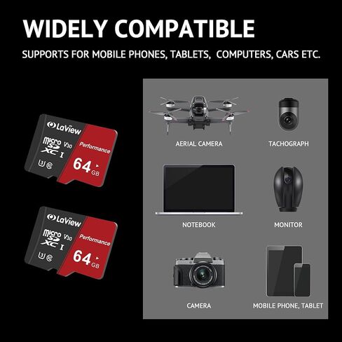 Laview 64GB Micro SD Card 2 Pack ، Micro SDXC UHS-I CARMED-95MB/S ، 633X ، U3 ، C10 ، Full HD Video V30 ، A1 ، FAT32 ، HIST FLASH TF CARD P500 للكمبيوتر مع محول/هاتف/جهاز كمبيوتر. in Saudi Arabia