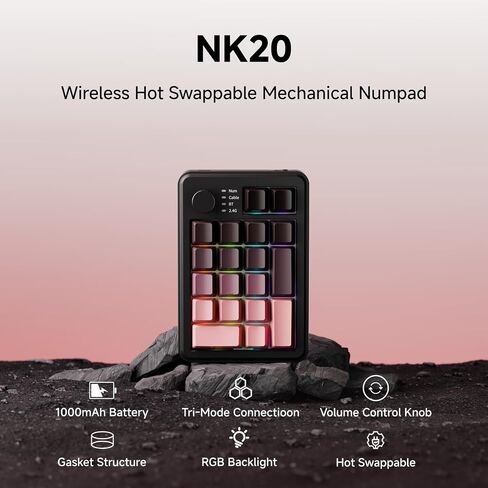 EWEADN NK20 Wireless Retro Mechanical Numpad with Knob, Bluetooth/2.4GHz/USB-C Connect with RGB Backlight Hot Swappable Number Pad, 20-Key Rechargeable External Num Pad for Win, Mac, Black Gray in Kuwait