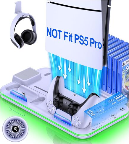 PS5 Slim Stand and Turbo Cooling Station with Controller Charging Station for Playsation 5, PS5 Accessories Kits Incl. 3 Levels Cooling Fan, 15 Game Slot, Headset Holder for P5 Digital/Disc in Kuwait