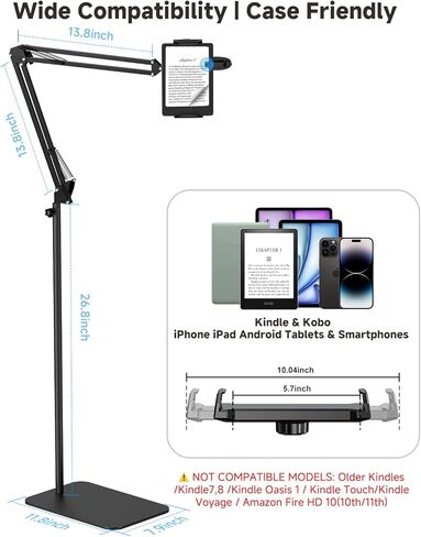 Floor Tablet Holder for Kindle with Remote Page Turner, Kindle Stand for Reading in Bed on Paperwhite Colorsoft Scribe E-reader, Lazy Arm Phone Mount for E-book Reading with Clicker Accessories in Kuwait